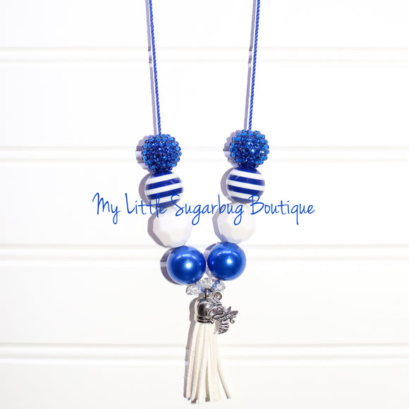Royal Blue&White Tassel Necklace w/Hornet Charm