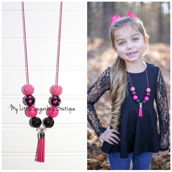 Pink Check Tassel Necklace