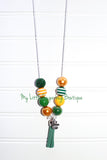 Dark Green & Yellow/Gold Tassel Necklace w/I LOVE Football Charm