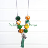 Dark Green & Yellow/Gold Tassel Necklace w/I LOVE Football Charm