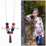 Navy, Dark Red & Gold Tassel Necklace